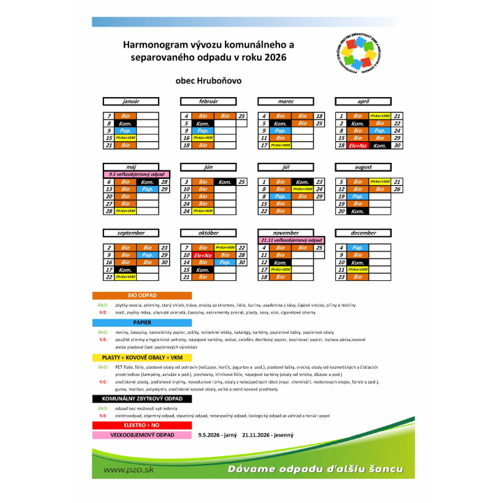 Harmonogram vývozu komunálneho a separovaného odpadu v roku 2026