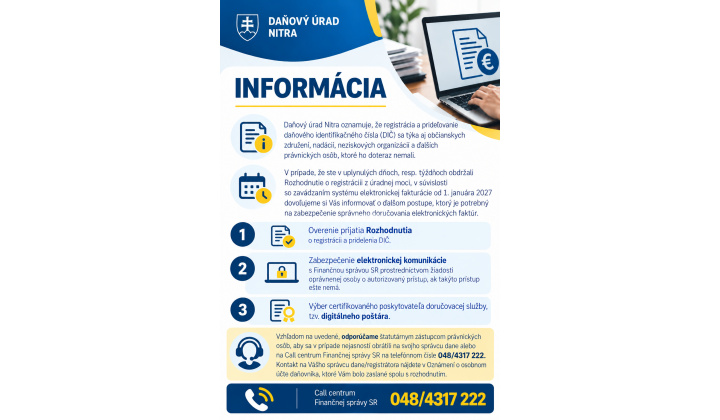 Oznámenie daňového úradu - informácie:  elektronické faktúry, (DIČ) sa týka aj občianskych združení, nadácií, neziskových organizácií a ďalších právnických osôb, ktoré ho doteraz nemali.