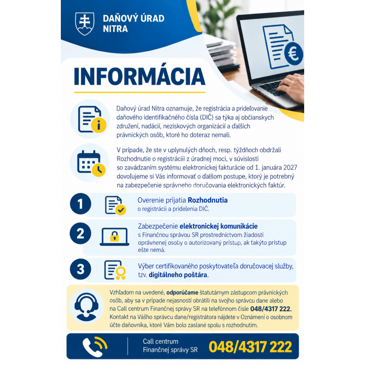 Oznámenie daňového úradu - informácie:  elektronické faktúry, (DIČ) sa týka aj občianskych združení, nadácií, neziskových organizácií a ďalších právnických osôb, ktoré ho doteraz nemali.