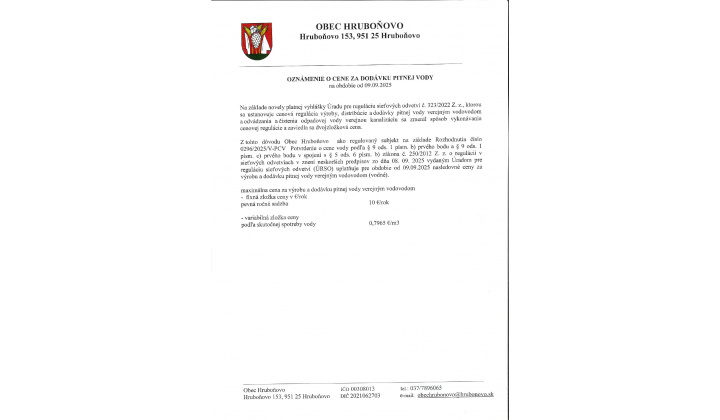 Oznámenie o cene za dodávku pitnej vody