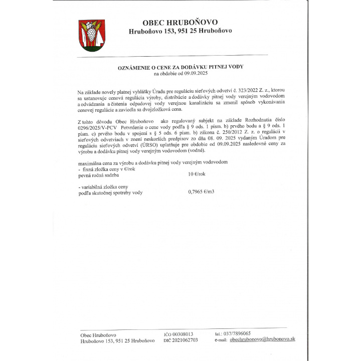 Oznámenie o cene za dodávku pitnej vody